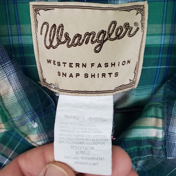 Mens Wrangler Western Fashion Pearl Snap Long Sleeve Blue/Green Plaid Size M - Picture 5 of 5